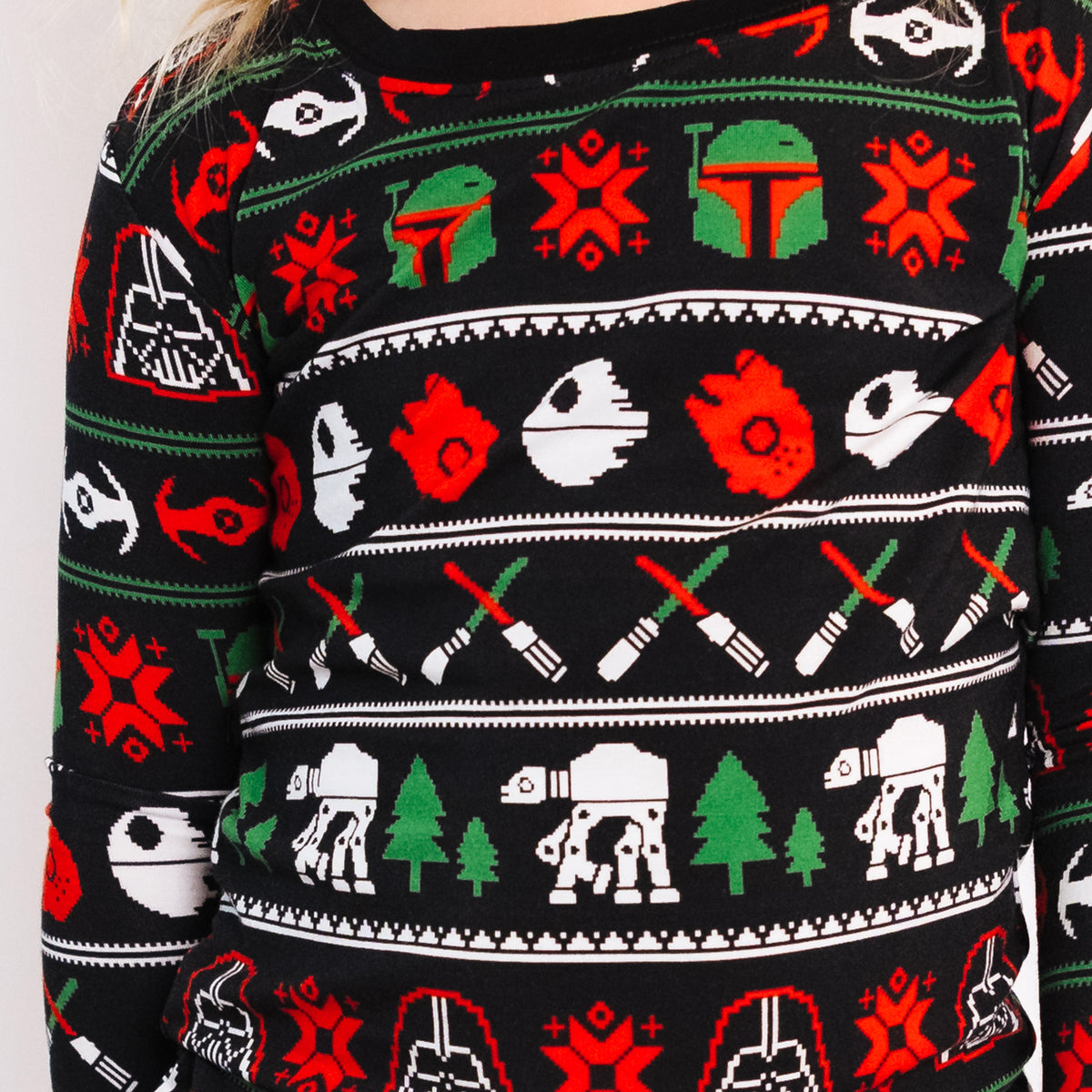 Merry Galaxy pajama top print with starships, space helmets, snowflakes and pine trees