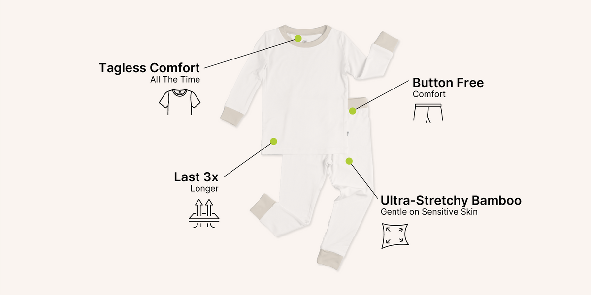 Bamboo pajama set features: tagless comfort, button-free, ultra-stretchy bamboo, lasts 3x longer