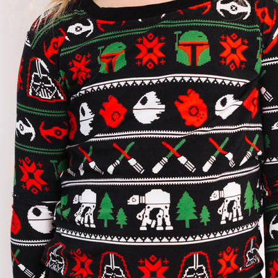 Merry Galaxy pajama top print with starships, space helmets, snowflakes and pine trees